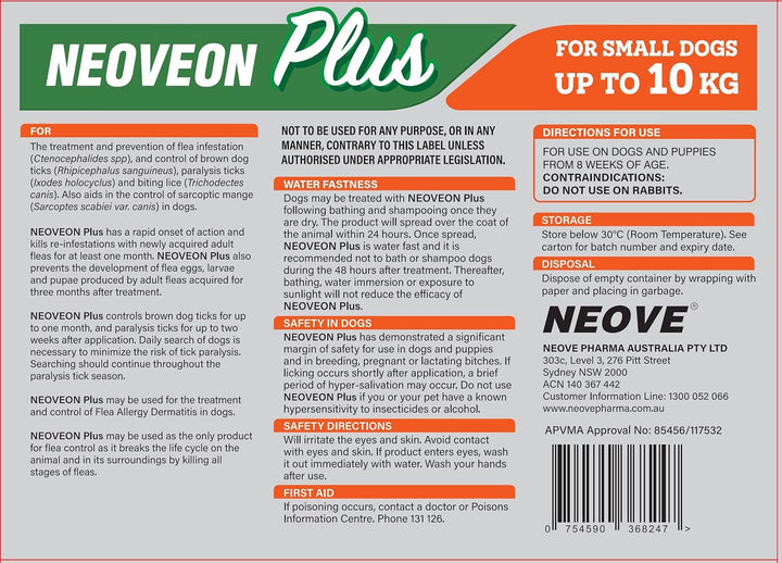 NEOVEON PLUS FOR SMALL DOGS UP TO 10KG 4 PACK Flea & Worm Treatment