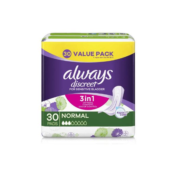 Always Discreet Normal Incontinence Pads 30 Count Soft and Secure for Daily Comfort