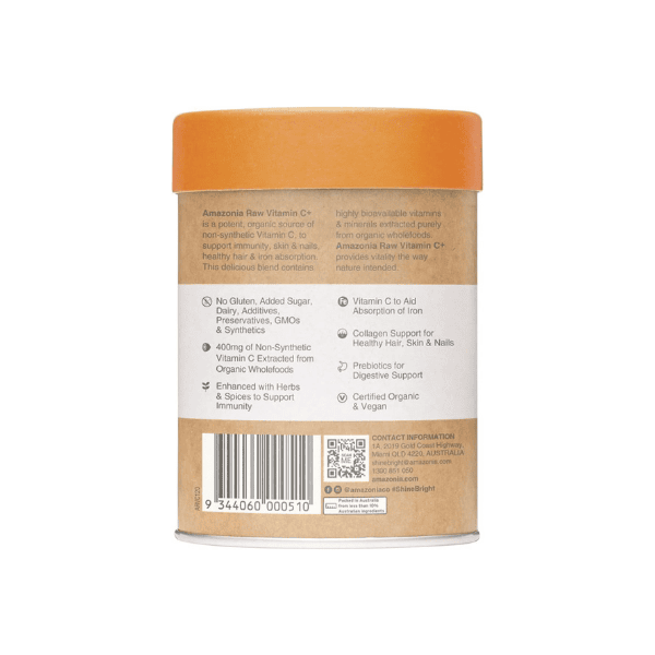 Amazonia Raw Vitamin C+ Certified Organic Plant-Based Gut Health & Collagen Support 120g