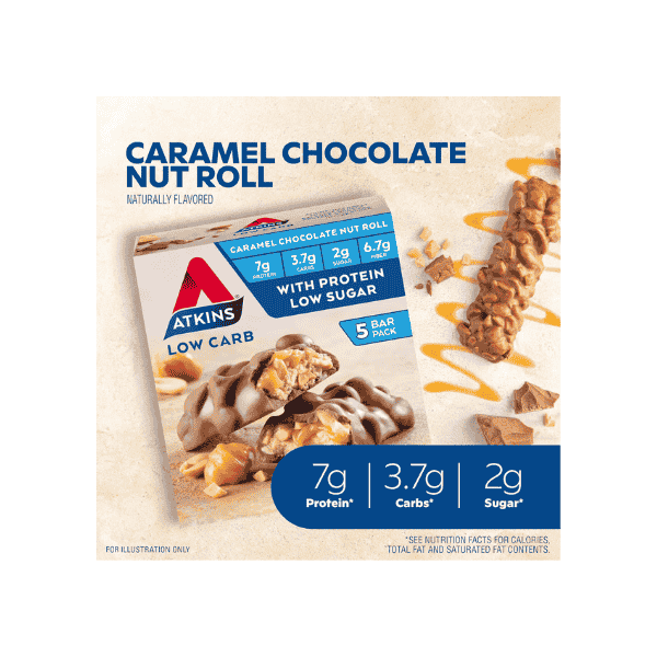 Atkins Caramel Chocolate Nut Roll Snack Bars The Perfect On-the-Go Treat 5 Count