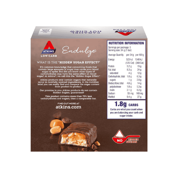 Atkins Endulge Caramel Nut Chew Bars Perfect for Low Carb Diets 34g 15 Pack