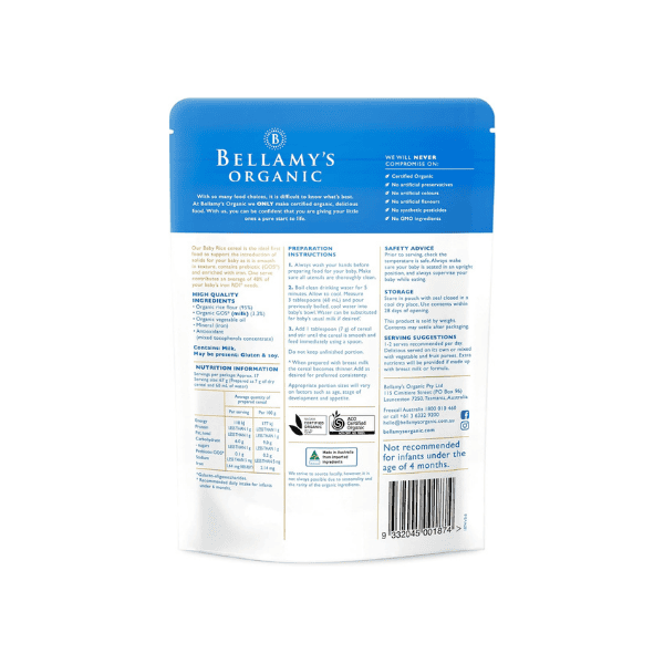 Bellamy's Organic Baby Rice with Prebiotic GOS 125g Suitable for 4 Months and Older Bulk Pack 6 x 125g