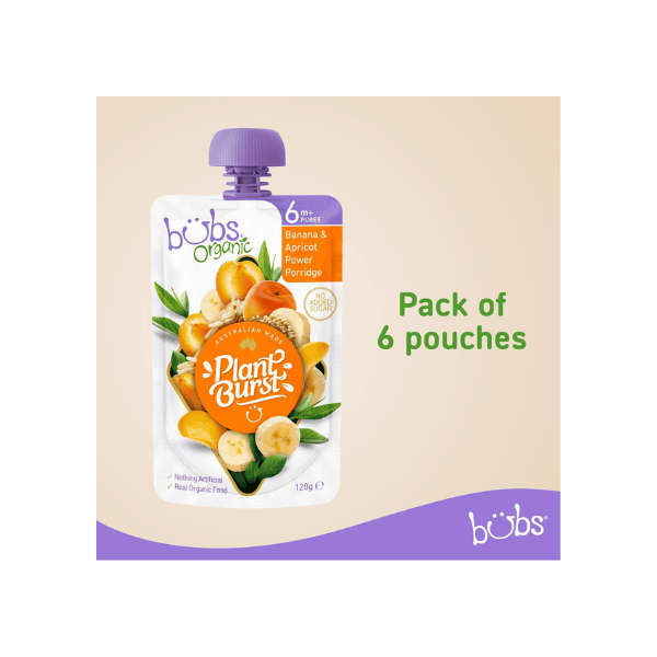 Bubs Organic Banana & Apricot Power Porridge 6+ Months No Added Sugar 120g 6 Pouches