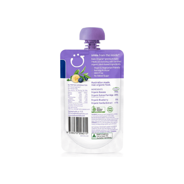 Bubs Organic Blueberry Banana & Quinoa Puree Pouch 6+ Months No Added Sugar 120g Baby Snack