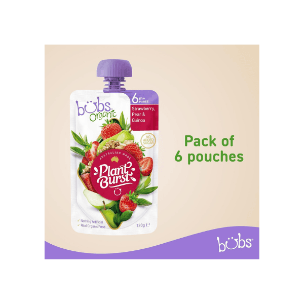 Bubs Organic Strawberry Pear & Quinoa Pouch 120g 6-Pack 6+ Months Baby Food No Added Sugar