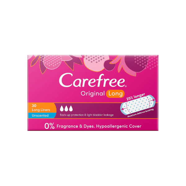 Carefree Long Unscented Liners 30 Pack 25% Longer for Ultimate Coverage & Protection