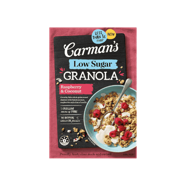 Carman’s Raspberry Coconut Granola 450g Low Sugar High Fiber Great Taste