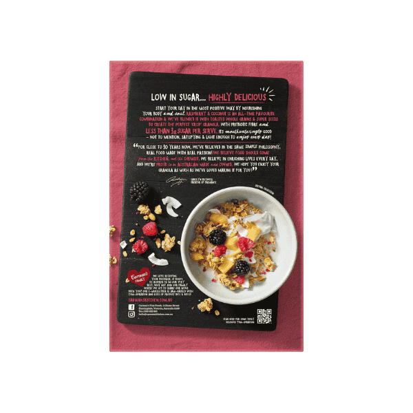 Carman’s Raspberry Coconut Granola 450g Low Sugar High Fiber Great Taste