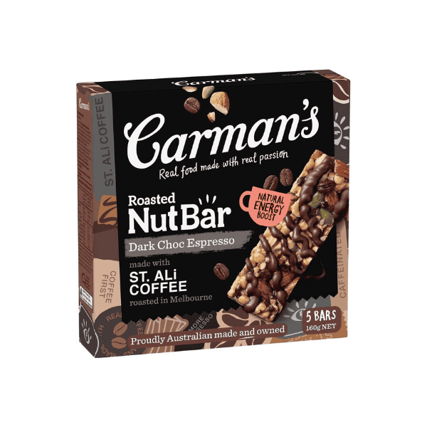 Carman’s Dark Choc Espresso Nut Bars 160g 5-Pack of Chocolate & Coffee Energy Bars