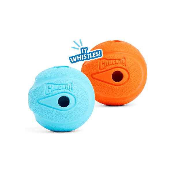 Chuckit! 20220 Whistler Ball 2-Pack – Fun 2.5-Inch Medium Dog Toys in Orange & Blue