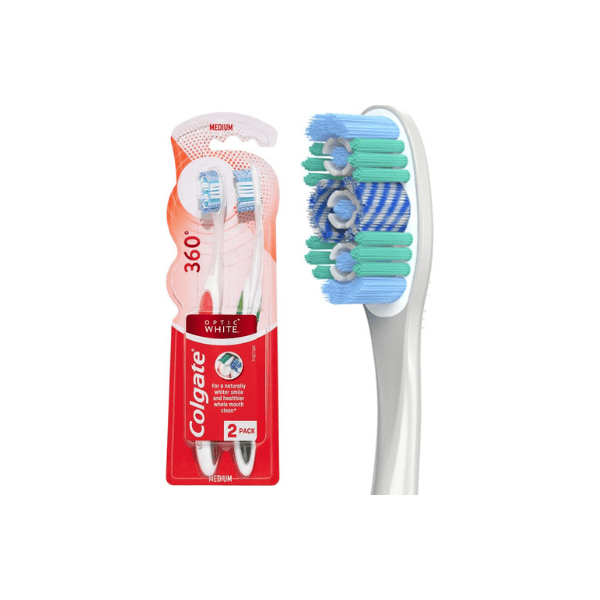 Colgate 360° Advanced Optic White Toothbrush 2 Pack Medium Bristles for Whitening