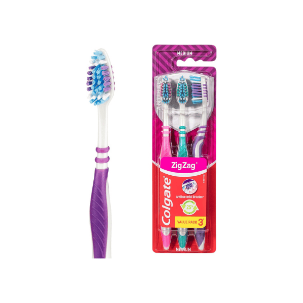 Colgate Zig Zag Manual Toothbrush Set 3 Pack Medium Bristles for Enhanced Interdental Cleaning