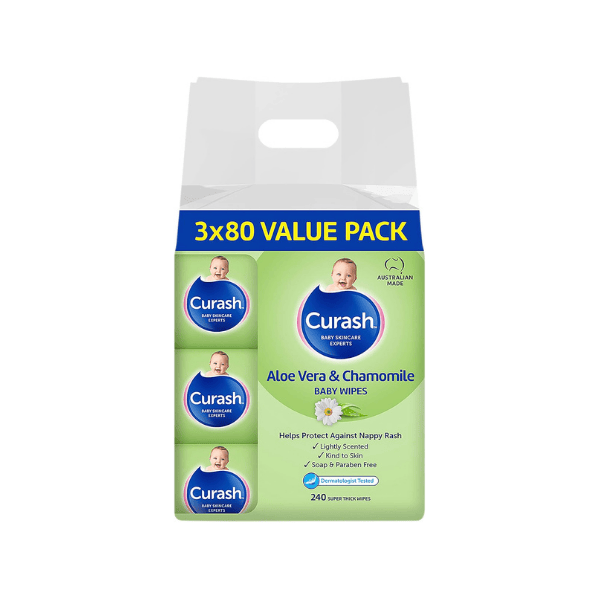 Curash Aloe Vera & Chamomile Baby Wipes Gentle for Newborns 3 x 80 Pack Soap Alcohol & Paraben Free