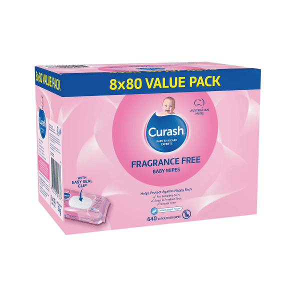 Curash Fragrance Free Baby Wipes pH Balanced Sensitive Skin 640 Wipes 8x80 Value Pack