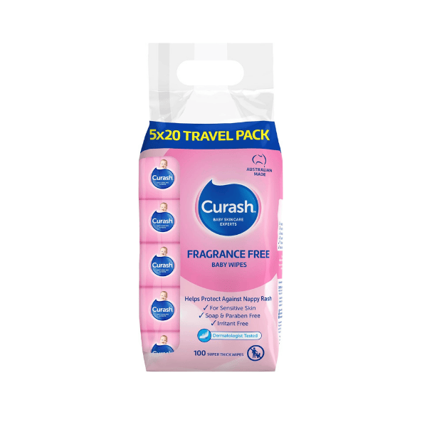 Curash Fragrance Free Baby Wipes pH Balanced 100 Wipes 5x20 Travel Pack