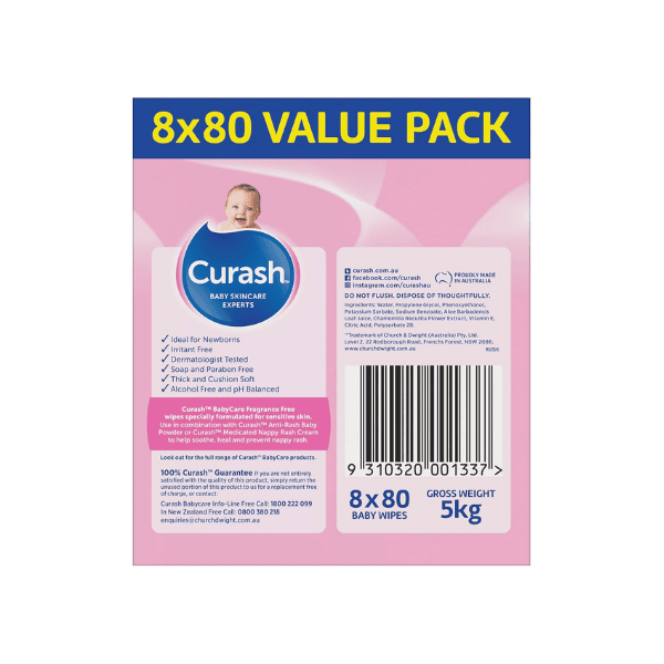 Curash Fragrance Free Baby Wipes pH Balanced Sensitive Skin 640 Wipes 8x80 Value Pack