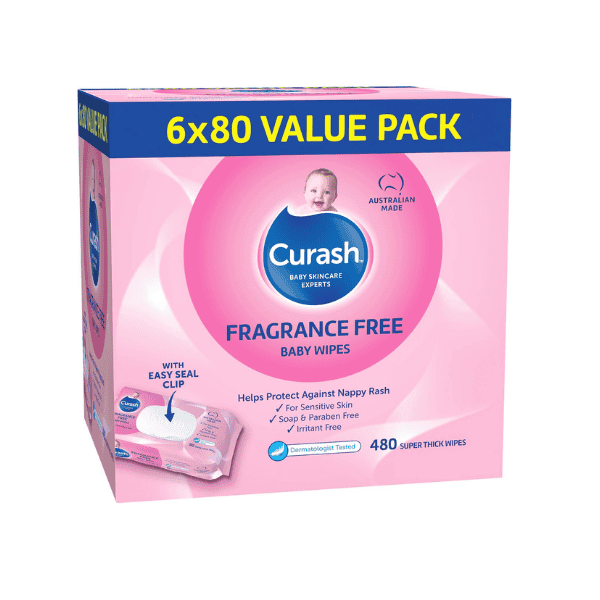 Curash Fragrance Free Baby Wipes pH Balanced Sensitive Skin 480 Wipes 6x80