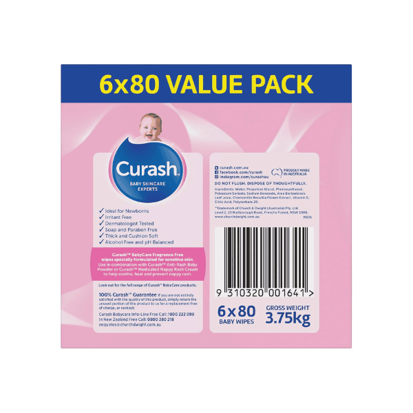 Curash Fragrance Free Baby Wipes pH Balanced Sensitive Skin 480 Wipes 6x80