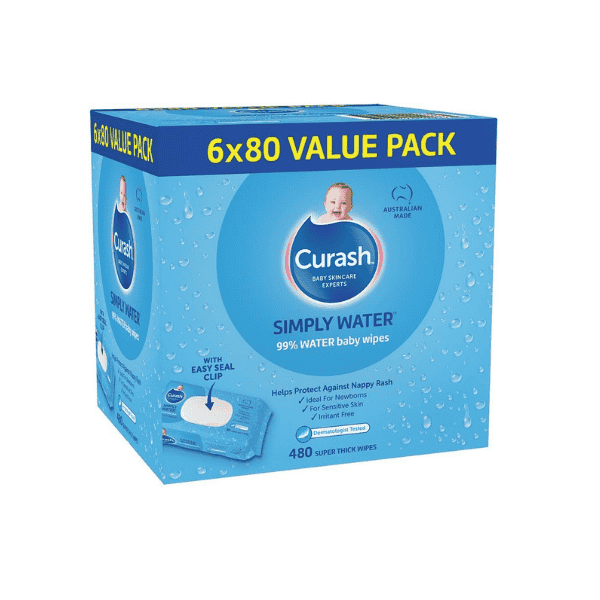 Curash Simply Water Baby Wipes pH Balanced Hypoallergenic 6x80 Value Pack 480 Wipes