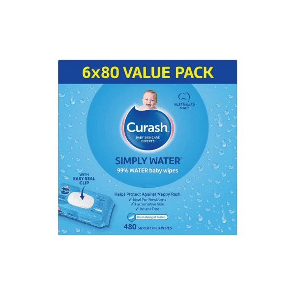 Curash Simply Water Baby Wipes pH Balanced Hypoallergenic 6x80 Value Pack 480 Wipes