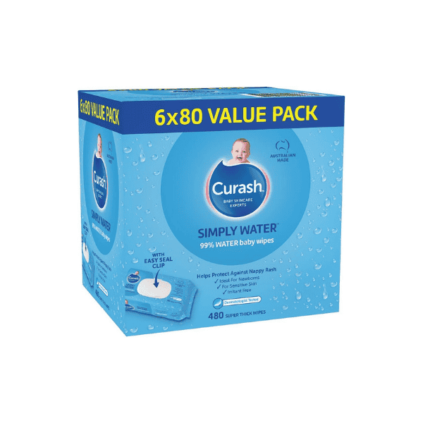 Curash Simply Water Baby Wipes pH Balanced Hypoallergenic 6x80 Value Pack 480 Wipes