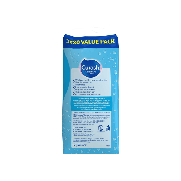 Curash Simply Water Baby Wipes pH Balanced 240 Wipes 3x80