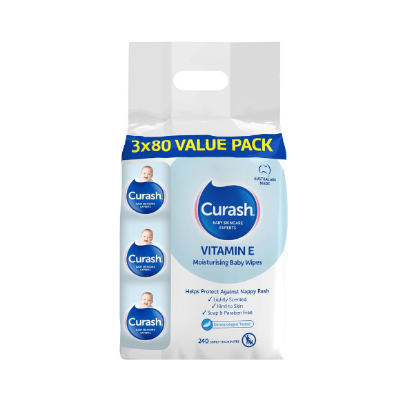 Curash Vitamin E Baby Wipes: Gentle pH-Balanced and Irritant-Free  240 Wipes (3 x 80 Pack)