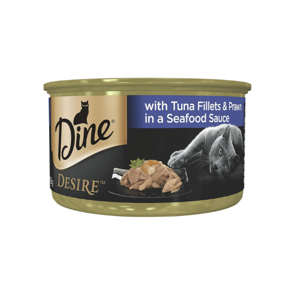 DINE DESIRE Grain Free Adult Wet Cat Food with Tuna & Prawn in Seafood Sauce 85g Can 24 Pack