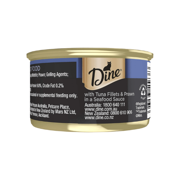 DINE DESIRE Grain Free Adult Wet Cat Food with Tuna & Prawn in Seafood Sauce 85g Can 24 Pack