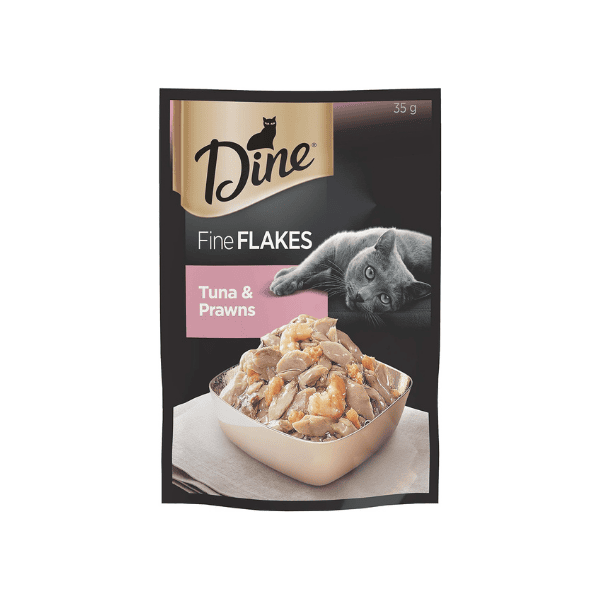 DINE Fine Flakes Adult Wet Cat Food with Tuna & Prawns 35g Pouch 12 Pack