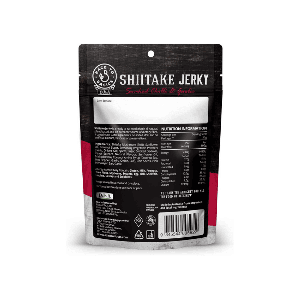 DJ&A Vegan Shiitake Jerky - Smoked Chilli Garlic Flavor | 60g Pack