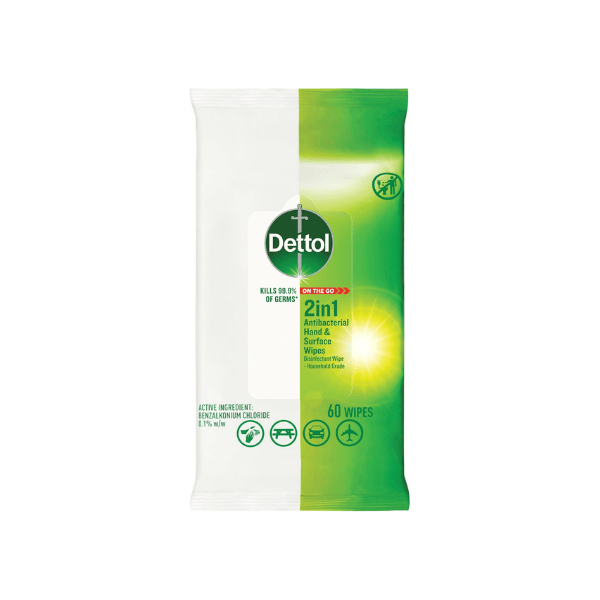 Dettol 2 in 1 Hands and Surfaces Antibacterial Wipes 60 Count for Total Clean