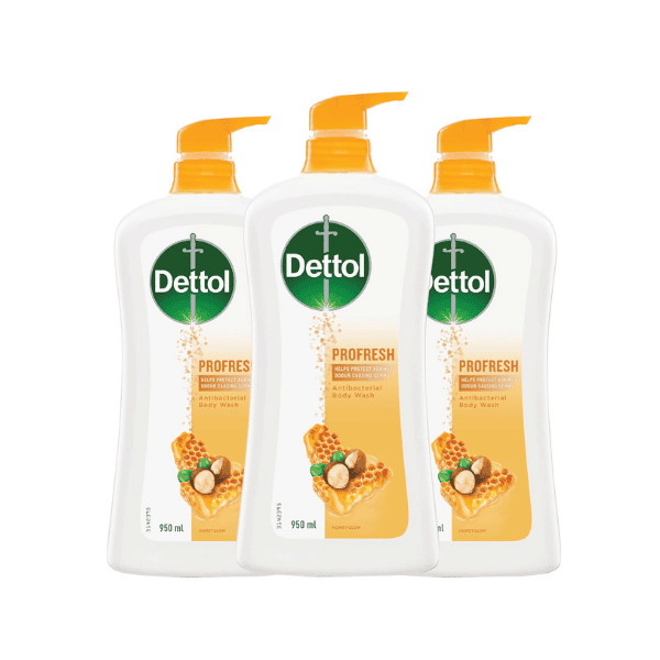 3 x Dettol Profresh Shower Gel Body Wash Honey Glow 950mL