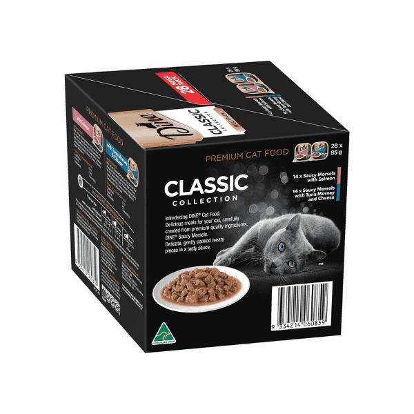 Dine Classic Salmon Tuna Mornay and Cheese Cat Food 85g Tins 28 Pack