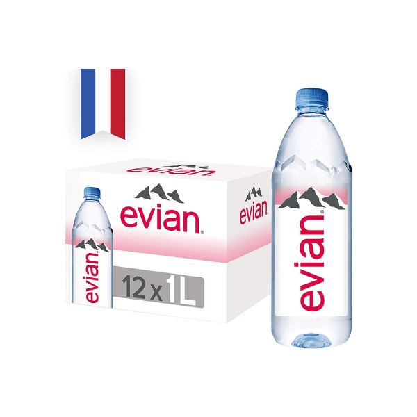 Evian Natural Mineral Water 12 x 1L Bottles for Pure Hydration