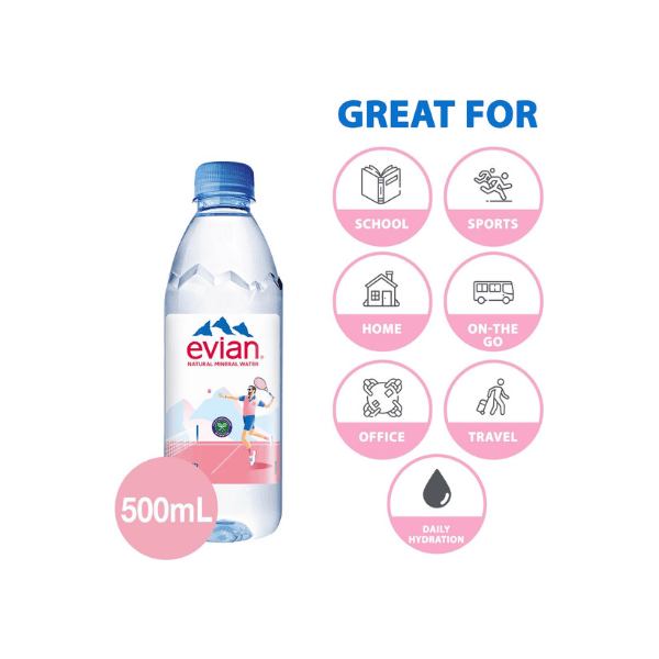 Evian Natural Mineral Water 24 Pack of 500ml Bottles Refreshing Hydration