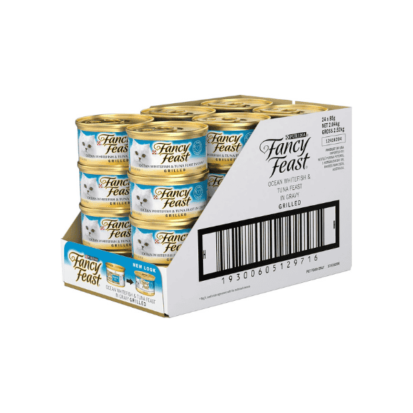 FANCY FEAST Grilled Ocean Whitefish & Tuna in Gravy 24-Pack 85g Delicious Wet Cat Food