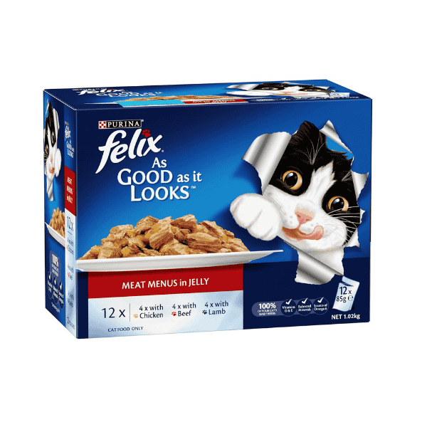 FELIX Adult Wet Cat Food Meat Menu 60 Packs of 85g Each Just as Appealing as It Tastes