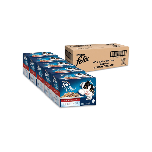 FELIX Adult Wet Cat Food Meat Menu 60 Packs of 85g Each Just as Appealing as It Tastes