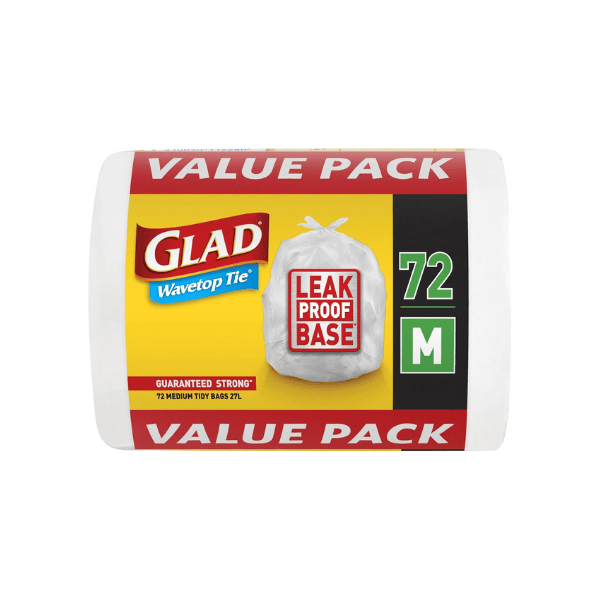 Glad Wavetop Tie Rubbish Bags Medium Size Fits 27L Kitchen Tidy Bags 72 Count