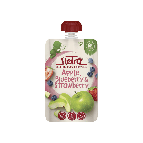 Heinz Baby Food Pouch 120g Apple Blueberry & Strawberry for 8+ Months Pack of 6