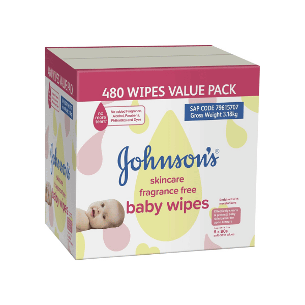 Johnson’s Baby Wipes 6 x 80 Pack Protects Cleans & Moisturises Baby’s Sensitive Skin