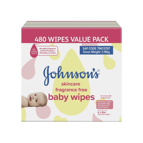 Johnson’s Baby Wipes 6 x 80 Pack Protects Cleans & Moisturises Baby’s Sensitive Skin