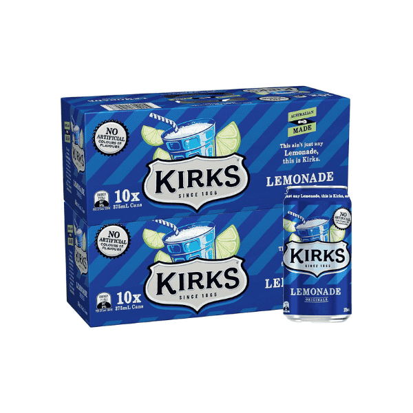 Kirks Lemonade Soft Drink Multipack Cans 20 x 375mL Classic Refreshing Lemon Flavor