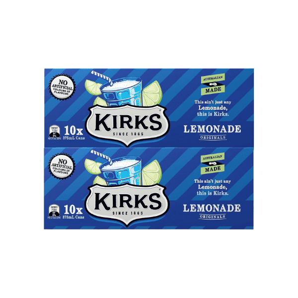 Kirks Lemonade Soft Drink Multipack Cans 20 x 375mL Classic Refreshing Lemon Flavor