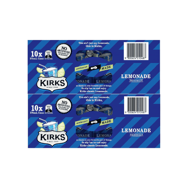 Kirks Lemonade Soft Drink Multipack Cans 20 x 375mL Classic Refreshing Lemon Flavor