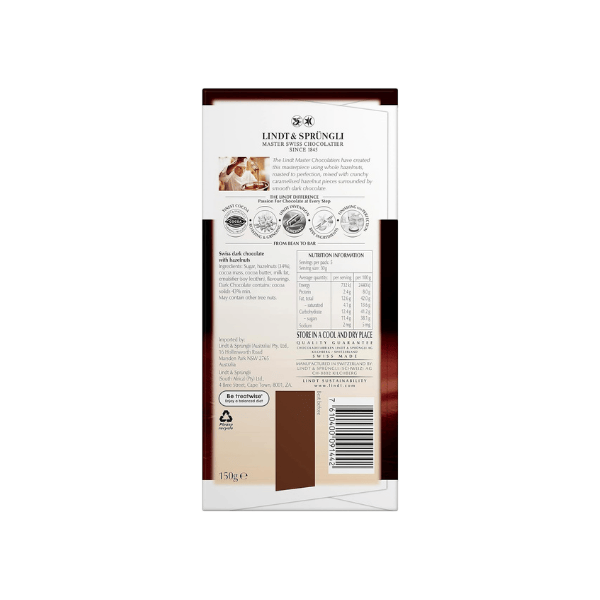 Lindt Les Grandes Dark Hazelnut Chocolate 150g Premium Dark Chocolate