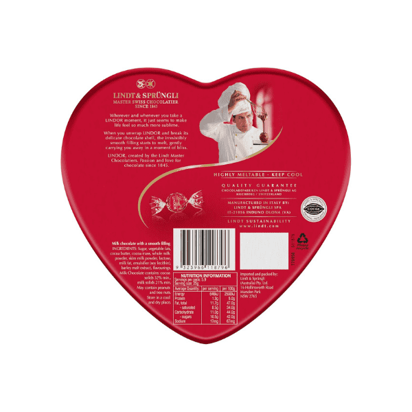 Lindt Lindor Heart Tin Milk Chocolate 147g Perfect Gift for Chocolate Lovers