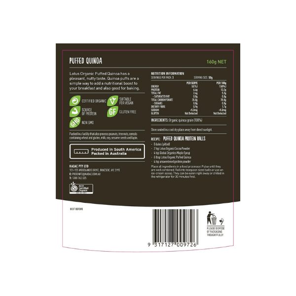 Lotus Organic Puffed Quinoa 160g – Crunchy Gluten-Free Superfood Snack