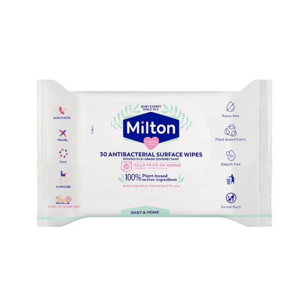 Milton Antibacterial Surface Wipes 30 Pack Plant Based Disinfectant Safe Around Babies